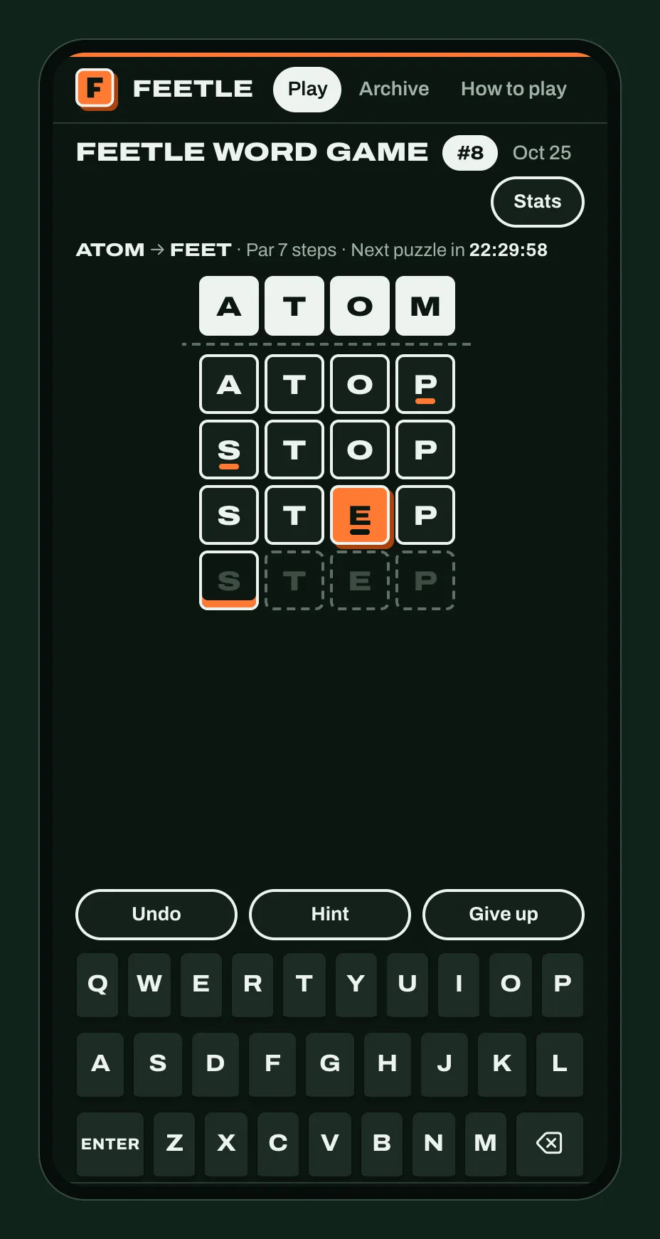 Feetle in dark mode on a phone: DUMB, DUMP, HUMP and HEMP on a dark green background.