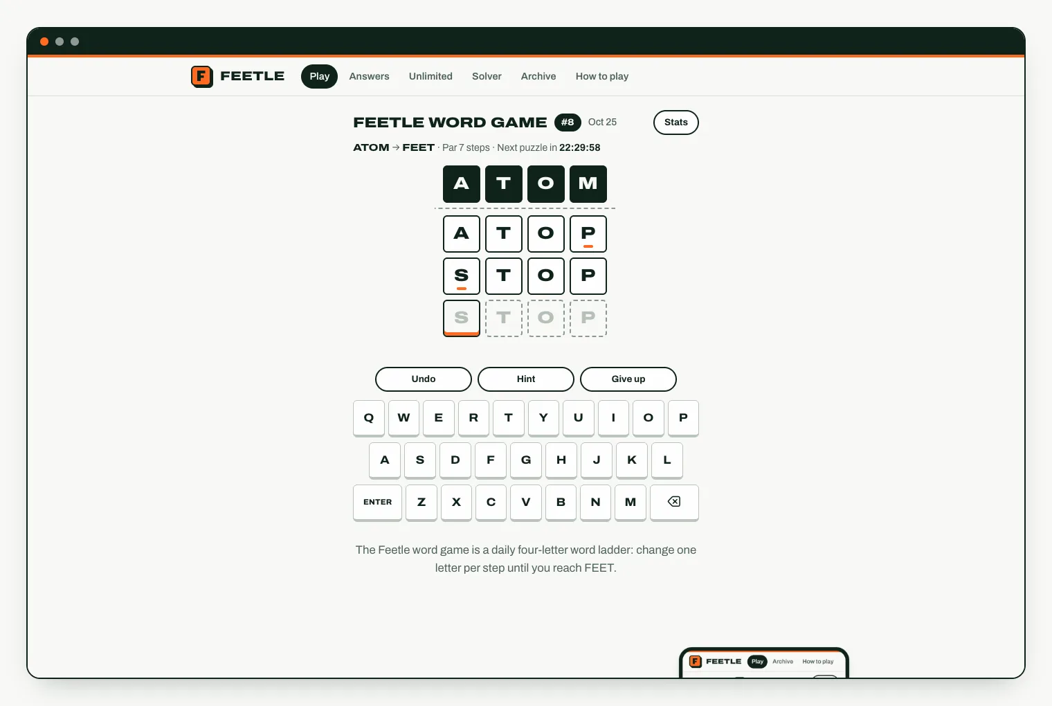 Feetle in a desktop browser: puzzle #8 for Oct 25, DUMB to FEET at par 7 with DUMP and HUMP entered, and the countdown to the next puzzle.