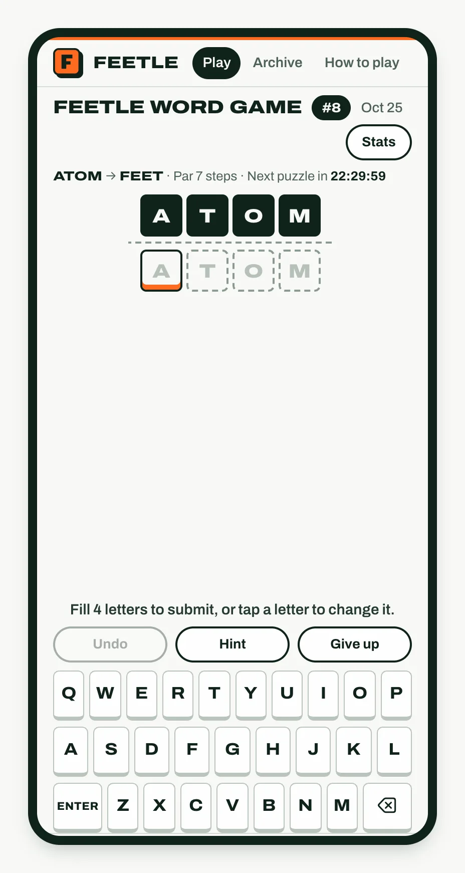The Feetle home page on a phone: puzzle #8, DUMB to FEET at par 7, with an empty first row, Undo, Hint and Give up, and the on-screen keyboard.