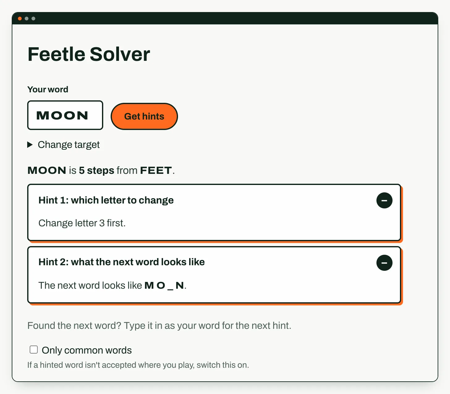The Feetle solver on a desktop with MOON entered: MOON is 5 steps from FEET, Hint 1 reading Change letter 3 first and Hint 2 showing MO_N.