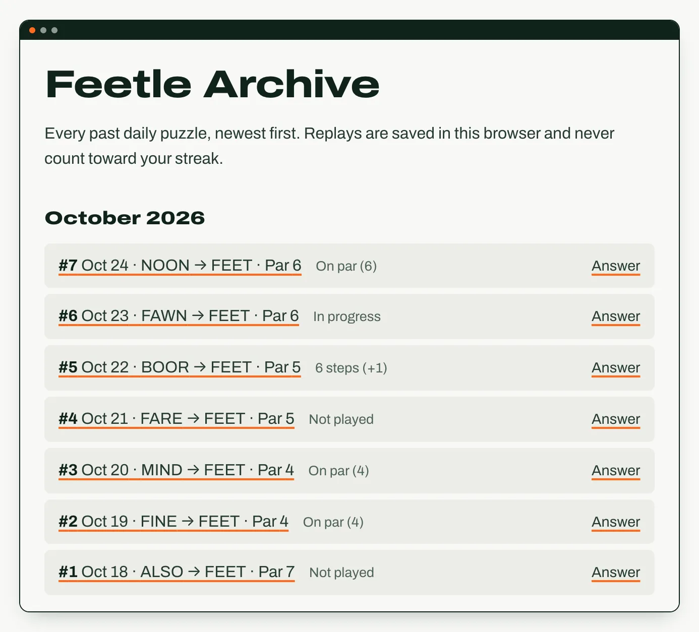 The Feetle archive on a desktop: October 2026 puzzles #7 down to #1, each with its start word, par, your result and an Answer link.