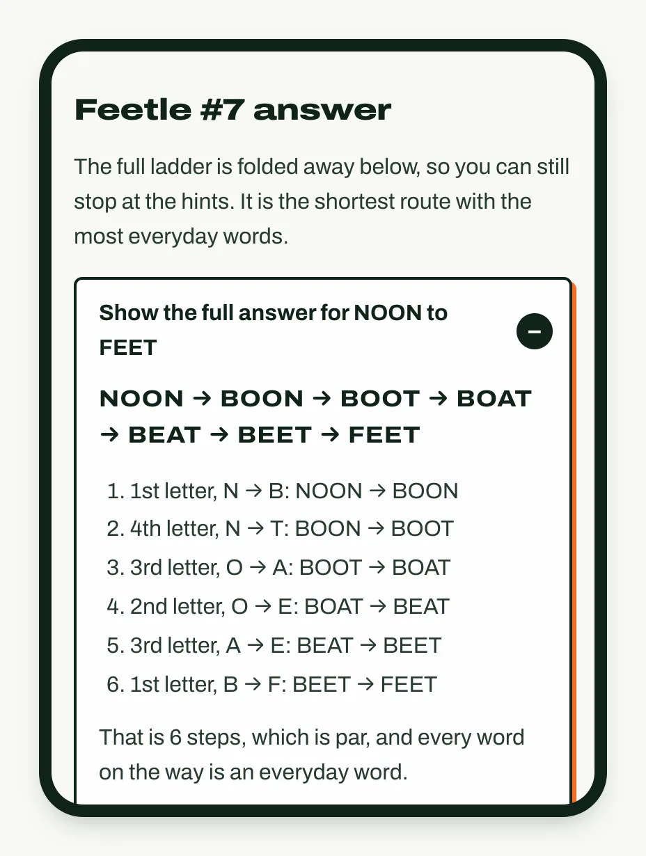 The Feetle #7 answer opened: BUMP, BUMS, BUDS, BEDS, BEES, BEET, FEET, with one line per step naming the letter that changed.