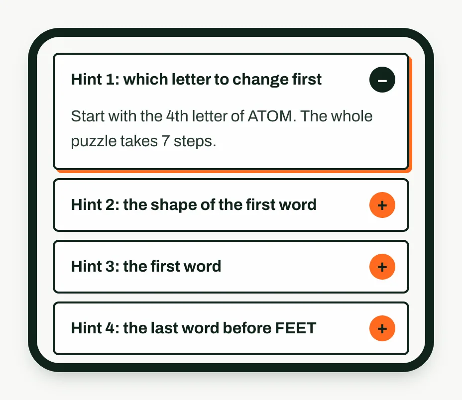 Feetle #8 hints: hint 1 open, reading Start with the 4th letter of DUMB, and hints 2 and 3 still folded.