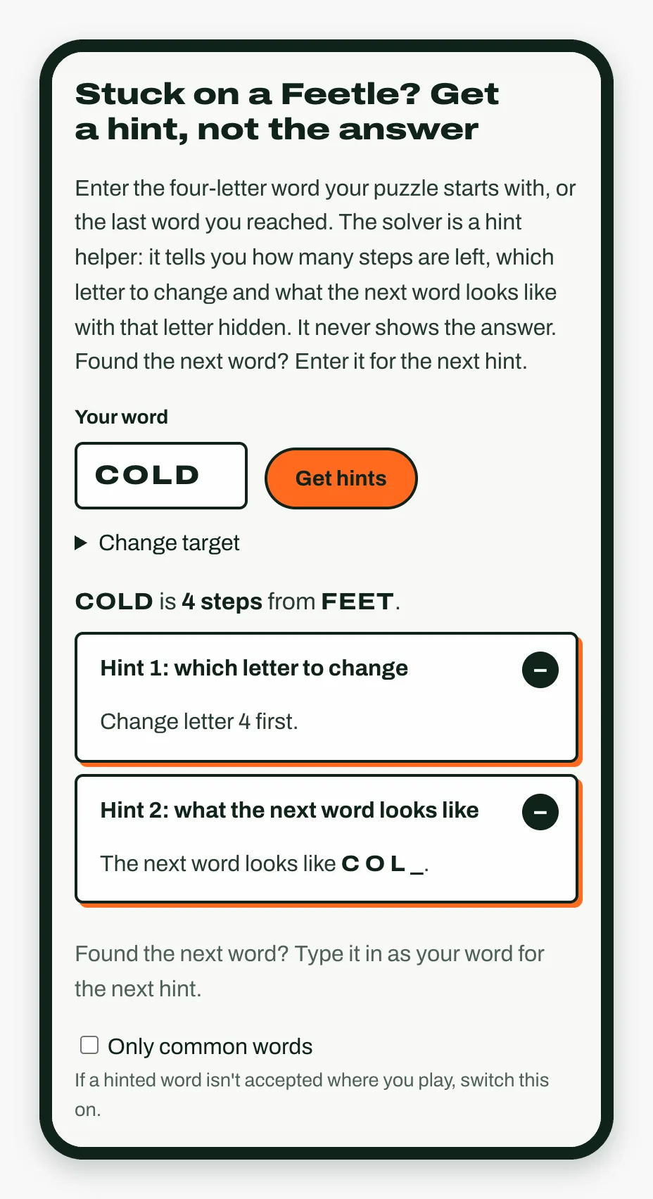 The solver box at the top of the Feetle answer page on a phone, with DUMB entered: DUMB is 7 steps from FEET, and Hint 1 and Hint 2 folded below.