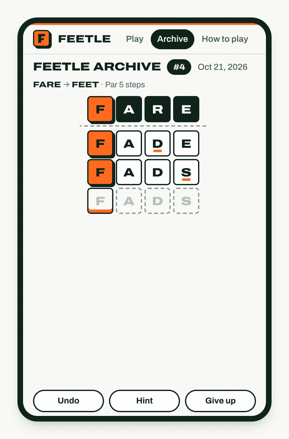 Feetle archive puzzle #4 from Oct 21, 2026: LOVE to FEET at par 5, two steps in with LOSE and LOST.