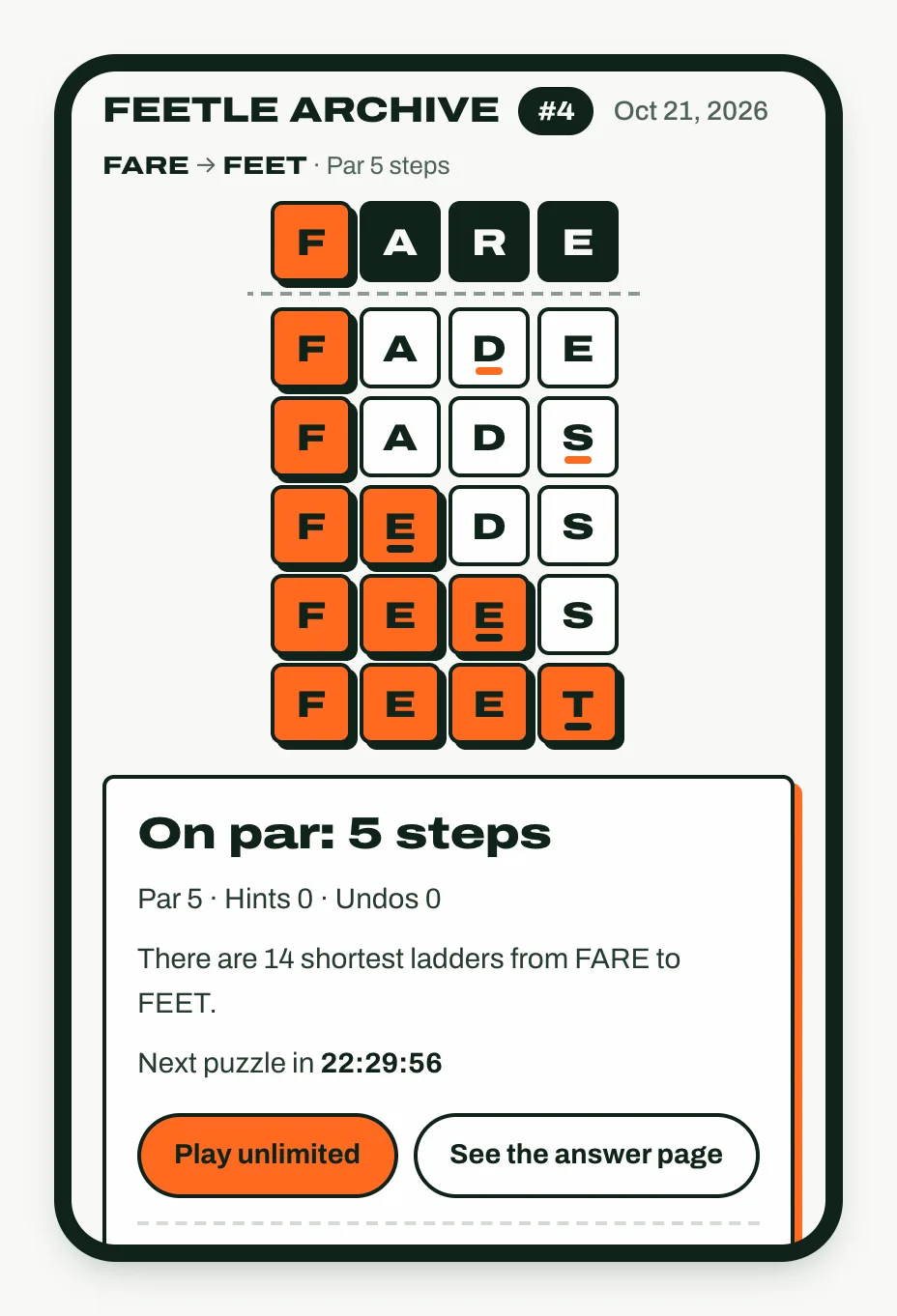Archive puzzle #4 solved, LOVE, LOSE, LOST, LEST, LEET, FEET, above a panel reading On par: 5 steps with a See the answer page button.