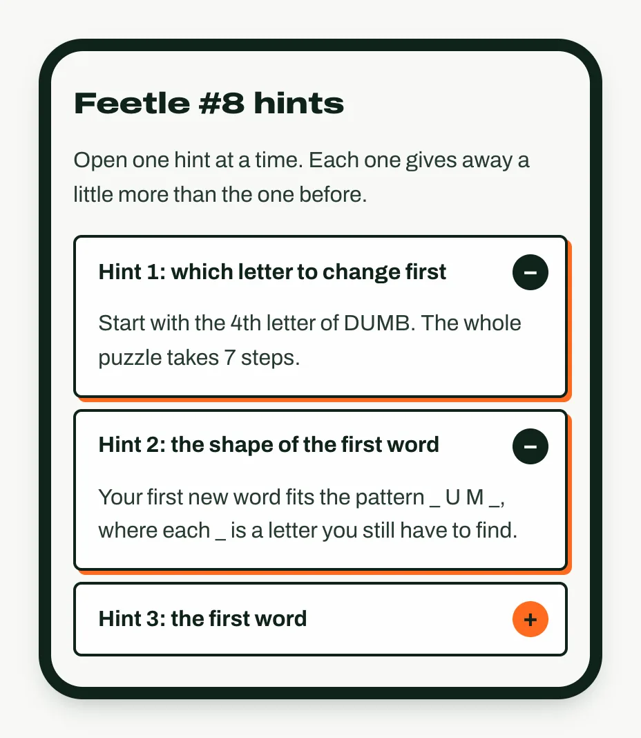 The Feetle #8 hints on its answer page, with hint 1 and hint 2 open and hint 3 still folded.