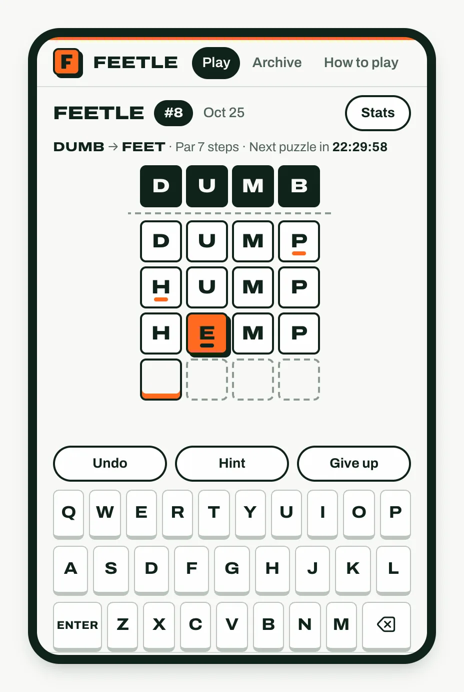 Feetle puzzle #8 on a phone: DUMB at the top, then DUMP, HUMP and HEMP, with the E of HEMP in orange because it already matches FEET.