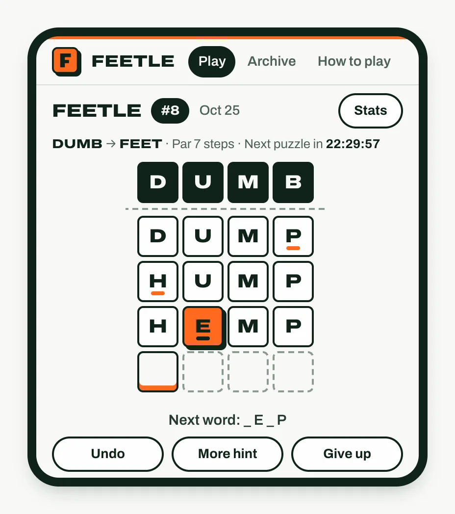The Feetle game after two hints: under the ladder DUMB, DUMP, HUMP, HEMP the message line reads Next word: _ E _ P.