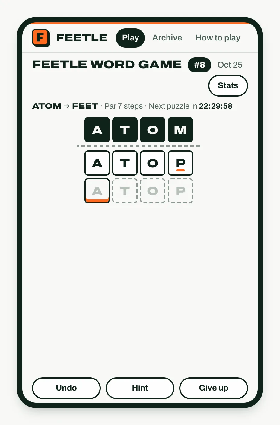 Feetle #8 on a phone: the start word DUMB with DUMP entered as the first step, its P underlined as the changed letter.