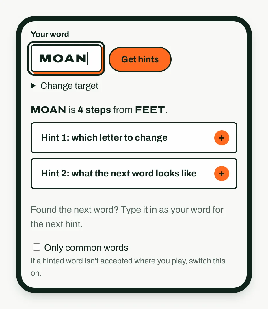 The Feetle solver after MOAN is entered as the next word: MOAN is 4 steps from FEET, with Hint 1 and Hint 2 still folded.