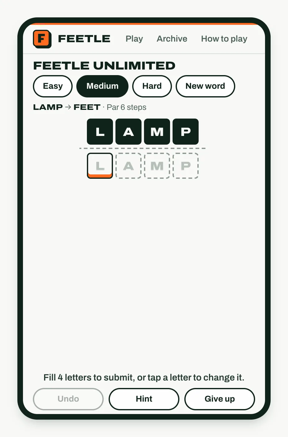 Feetle Unlimited on a phone with Easy, Medium, Hard and New word buttons, Medium selected, and the fresh start word LAMP at par 6.
